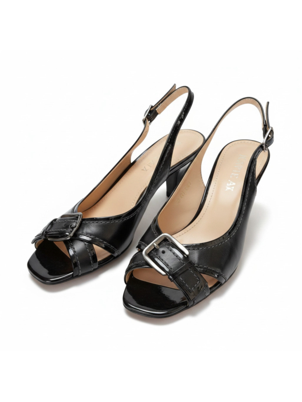Cole Haan Black Leather Patent Open Peep Toe Buckle Slingback Kitten Heels